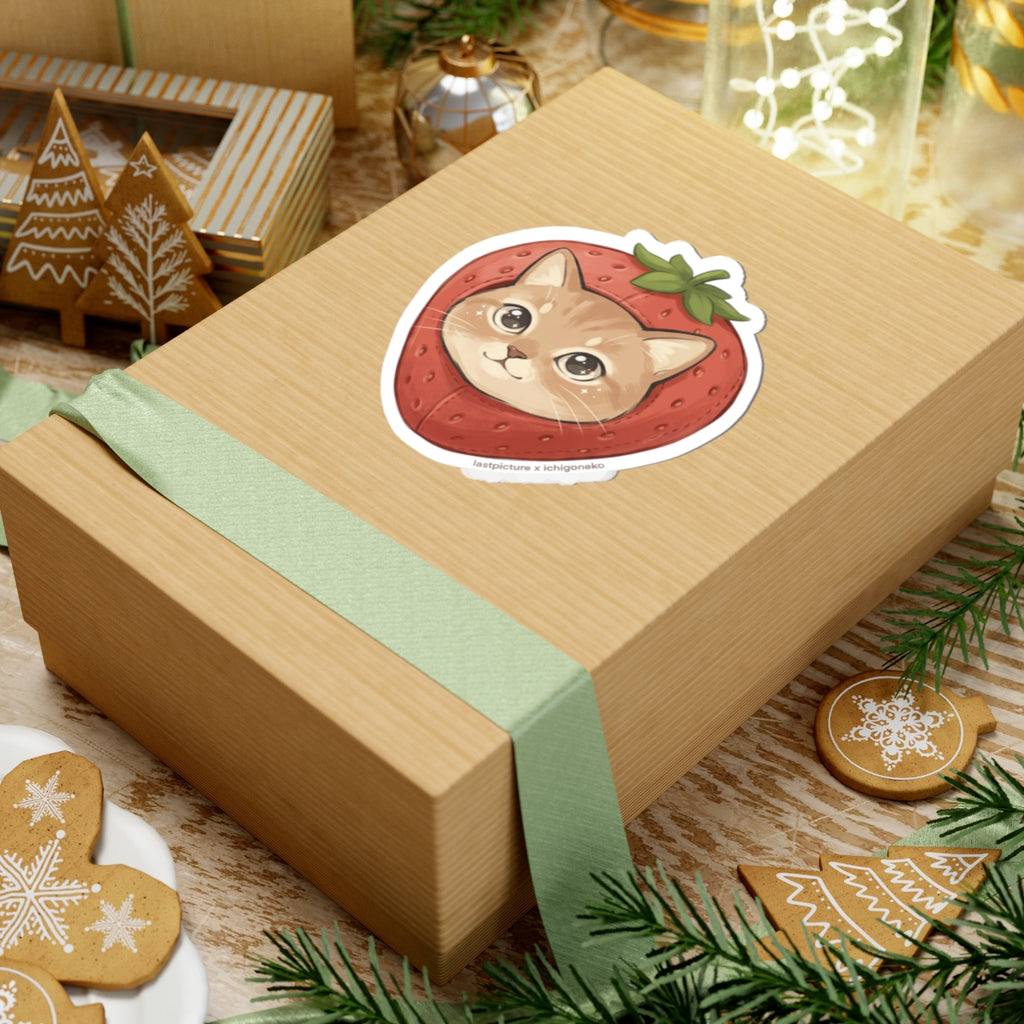 Cute Cat Strawberry Sticker — Kiss-Cut Vinyl Laptop Decal